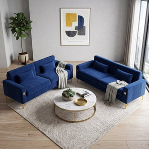 English Elm Fx-P18-Or-2Pcs Velvet Two Piece Sofa Set with Gold Legs for Mid-Century Living Rooms Royal Blue W576S00287