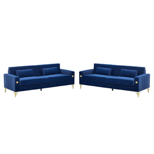 English Elm Fx-P18-Or-2Pcs Velvet Two Piece Sofa Set with Gold Legs for Mid-Century Living Rooms Royal Blue W576S00287