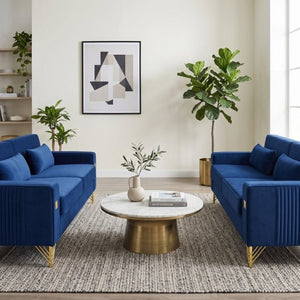 English Elm Fx-P18-Or-2Pcs Velvet Two Piece Sofa Set with Gold Legs for Mid-Century Living Rooms Royal Blue W576S00287