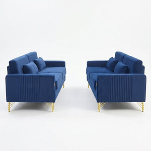 English Elm Fx-P18-Or-2Pcs Velvet Two Piece Sofa Set with Gold Legs for Mid-Century Living Rooms Royal Blue W576S00287