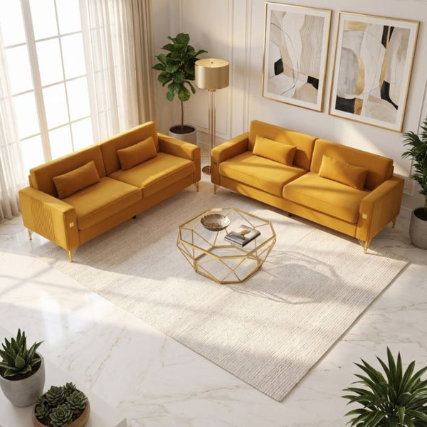 English Elm Fx-P18-Or-2Pcs Velvet Two Piece Sofa Set with Gold Legs for Mid-Century Living Rooms Mustard Yellow W576S00288