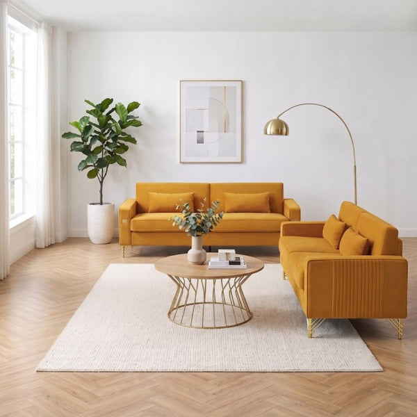 English Elm Fx-P18-Or-2Pcs Velvet Two Piece Sofa Set with Gold Legs for Mid-Century Living Rooms Mustard Yellow W576S00288