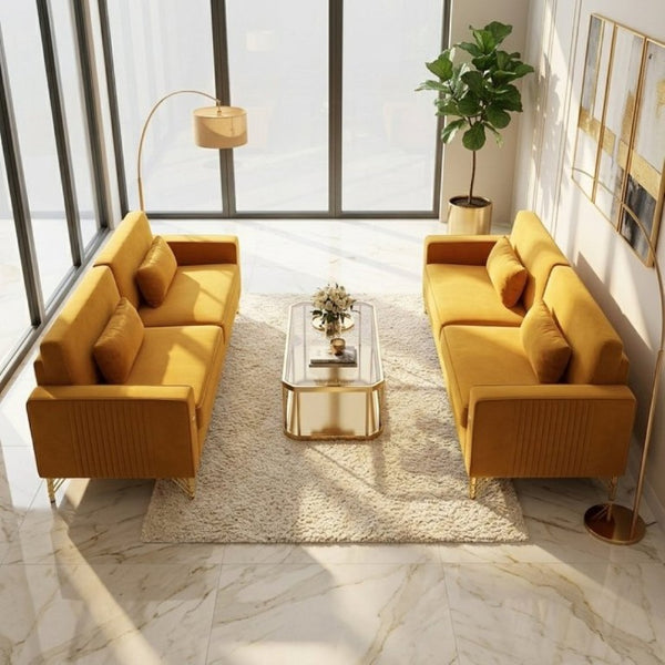 English Elm Fx-P18-Or-2Pcs Velvet Two Piece Sofa Set with Gold Legs for Mid-Century Living Rooms Mustard Yellow W576S00288