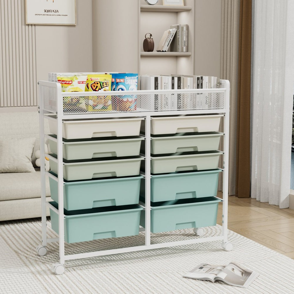 English Elm White Rolling Organizer Cart with 10 Plastic Drawers and Mesh Top for Any Room W578P503514