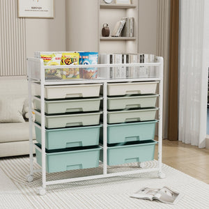 English Elm White Rolling Organizer Cart with 10 Plastic Drawers and Mesh Top for Any Room W578P503514