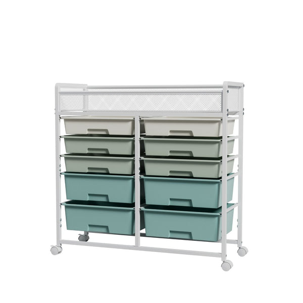 English Elm White Rolling Organizer Cart with 10 Plastic Drawers and Mesh Top for Any Room W578P503514