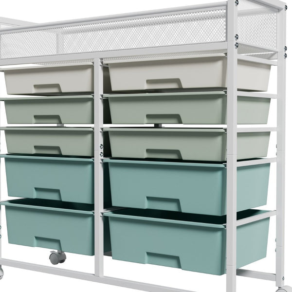 English Elm White Rolling Organizer Cart with 10 Plastic Drawers and Mesh Top for Any Room W578P503514