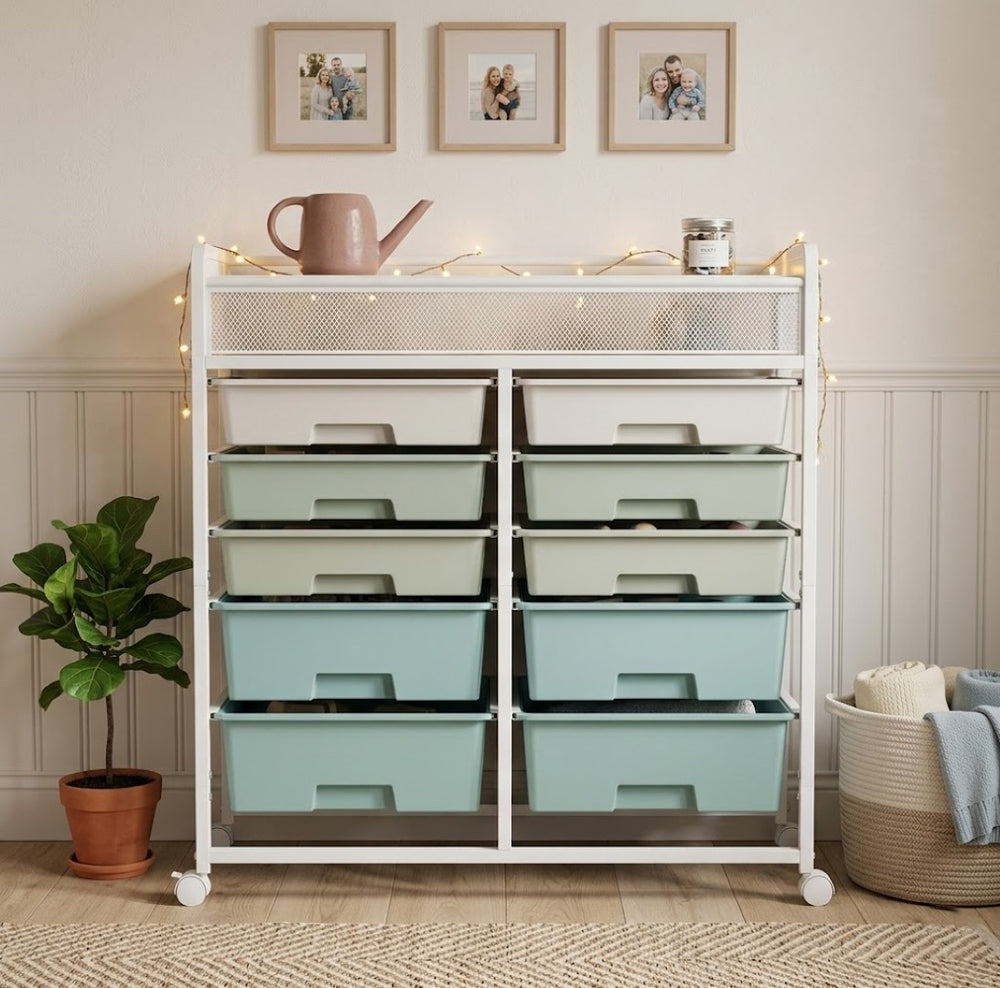 English Elm White Rolling Organizer Cart with 10 Plastic Drawers and Mesh Top for Any Room W578P503514