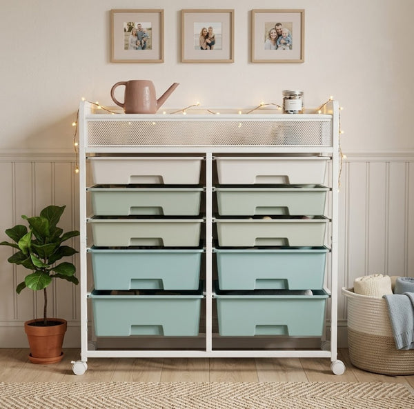 English Elm White Rolling Organizer Cart with 10 Plastic Drawers and Mesh Top for Any Room W578P503514
