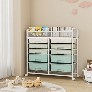 English Elm White Rolling Organizer Cart with 10 Plastic Drawers and Mesh Top for Any Room W578P503514