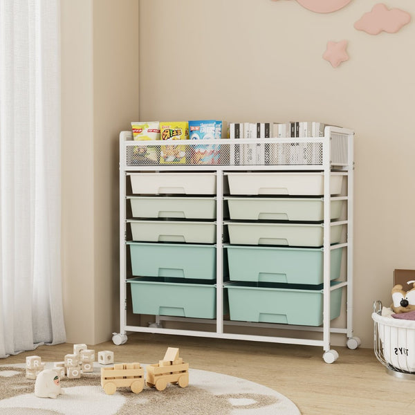 English Elm White Rolling Organizer Cart with 10 Plastic Drawers and Mesh Top for Any Room W578P503514