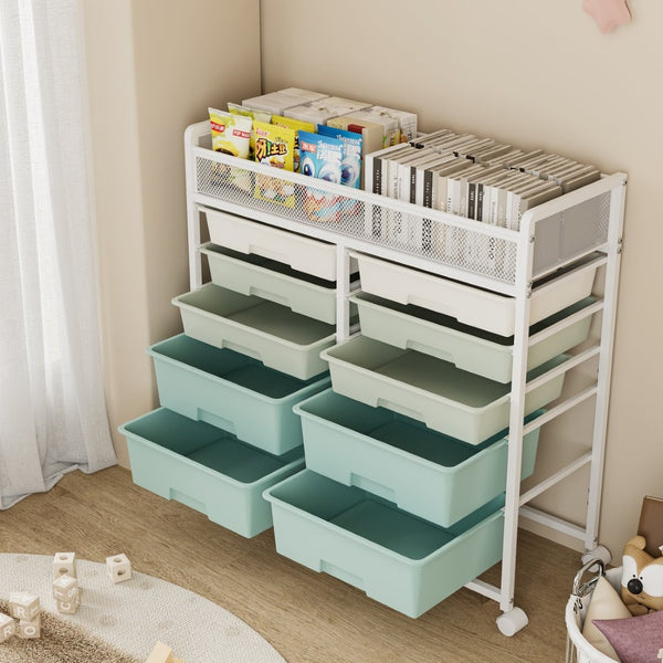 English Elm White Rolling Organizer Cart with 10 Plastic Drawers and Mesh Top for Any Room W578P503514