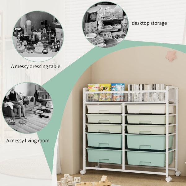 English Elm White Rolling Organizer Cart with 10 Plastic Drawers and Mesh Top for Any Room W578P503514