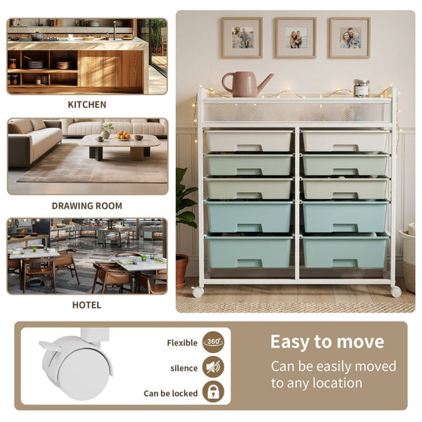 English Elm White Rolling Organizer Cart with 10 Plastic Drawers and Mesh Top for Any Room W578P503514