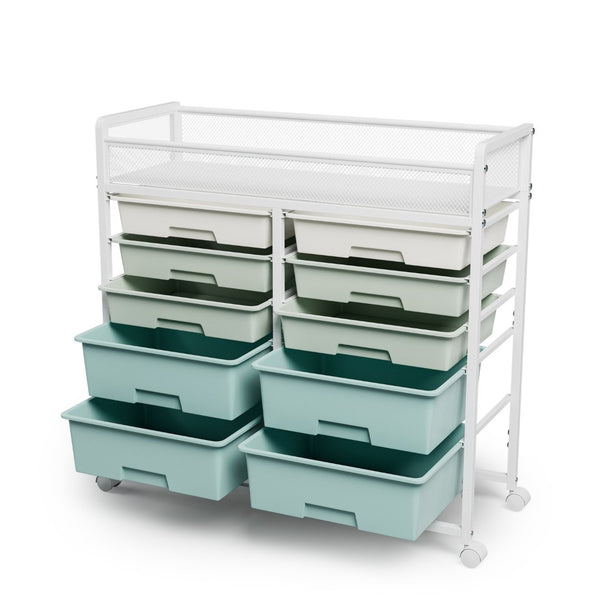 English Elm White Rolling Organizer Cart with 10 Plastic Drawers and Mesh Top for Any Room W578P503514