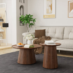 English Elm Round Walnut Nesting Coffee Tables Set of 2 Sculptural Pedestal Wood Accent Piece W578P505375