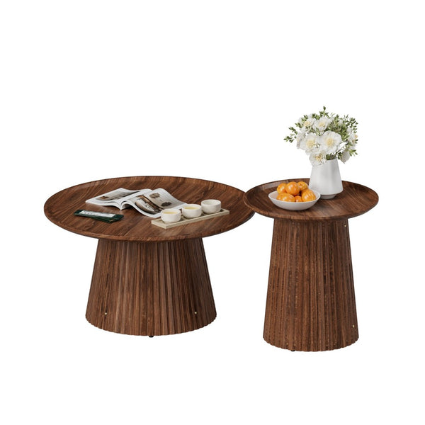 English Elm Round Walnut Nesting Coffee Tables Set of 2 Sculptural Pedestal Wood Accent Piece W578P505375
