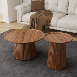 English Elm Round Walnut Nesting Coffee Tables Set of 2 Sculptural Pedestal Wood Accent Piece W578P505375