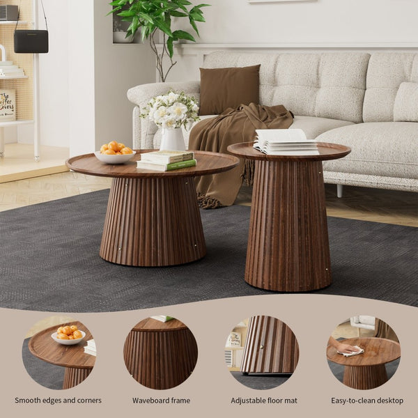 English Elm Round Walnut Nesting Coffee Tables Set of 2 Sculptural Pedestal Wood Accent Piece W578P505375