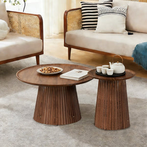 English Elm Round Walnut Nesting Coffee Tables Set of 2 Sculptural Pedestal Wood Accent Piece W578P505375