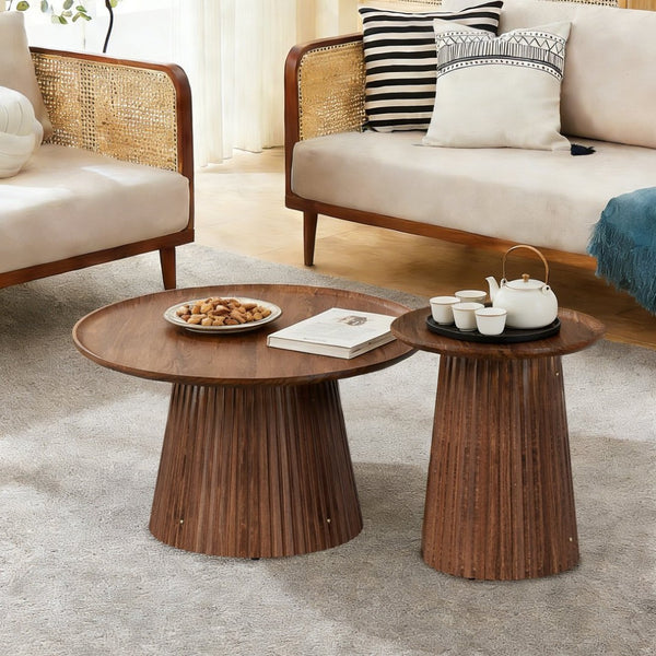English Elm Round Walnut Nesting Coffee Tables Set of 2 Sculptural Pedestal Wood Accent Piece W578P505375