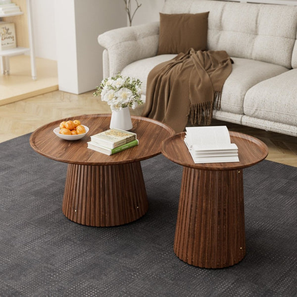 English Elm Round Walnut Nesting Coffee Tables Set of 2 Sculptural Pedestal Wood Accent Piece W578P505375