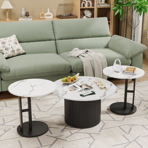 English Elm Coffee Nesting Table Set of 3 Round Faux Marble Tops with Ribbed Black Metal Base W578P505394
