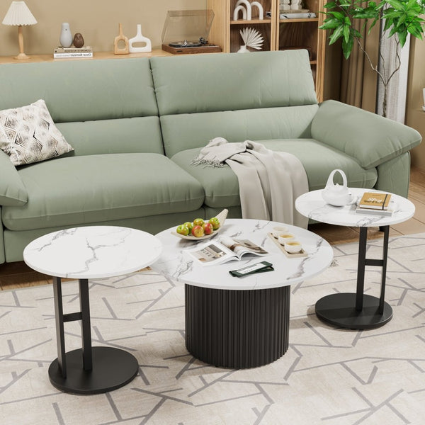 English Elm Coffee Nesting Table Set of 3 Round Faux Marble Tops with Ribbed Black Metal Base W578P505394