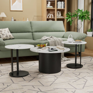 English Elm Coffee Nesting Table Set of 3 Round Faux Marble Tops with Ribbed Black Metal Base W578P505394