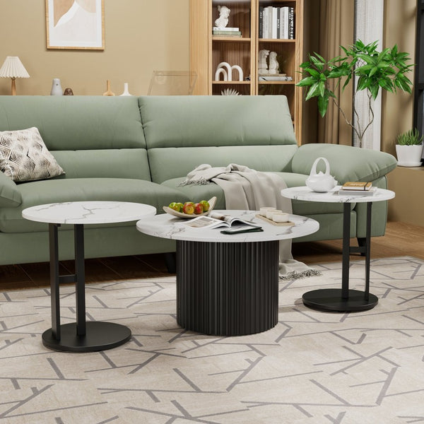English Elm Coffee Nesting Table Set of 3 Round Faux Marble Tops with Ribbed Black Metal Base W578P505394