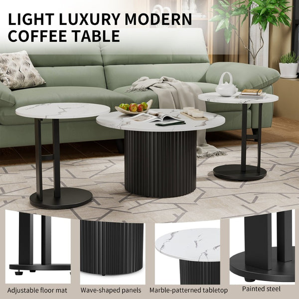 English Elm Coffee Nesting Table Set of 3 Round Faux Marble Tops with Ribbed Black Metal Base W578P505394