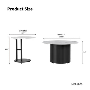 English Elm Coffee Nesting Table Set of 3 Round Faux Marble Tops with Ribbed Black Metal Base W578P505394