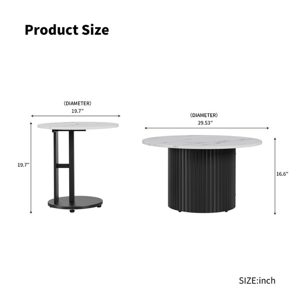 English Elm Coffee Nesting Table Set of 3 Round Faux Marble Tops with Ribbed Black Metal Base W578P505394