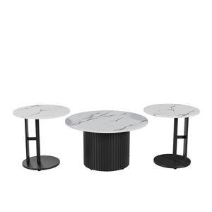 English Elm Coffee Nesting Table Set of 3 Round Faux Marble Tops with Ribbed Black Metal Base W578P505394