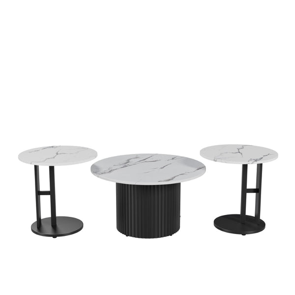 English Elm Coffee Nesting Table Set of 3 Round Faux Marble Tops with Ribbed Black Metal Base W578P505394