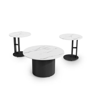 English Elm Coffee Nesting Table Set of 3 Round Faux Marble Tops with Ribbed Black Metal Base W578P505394