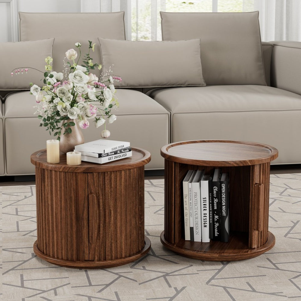 English Elm 2piece Round Nesting Tables Walnut Veneer Fluted Column Base with Sliding Cabinet Storage W578P505513