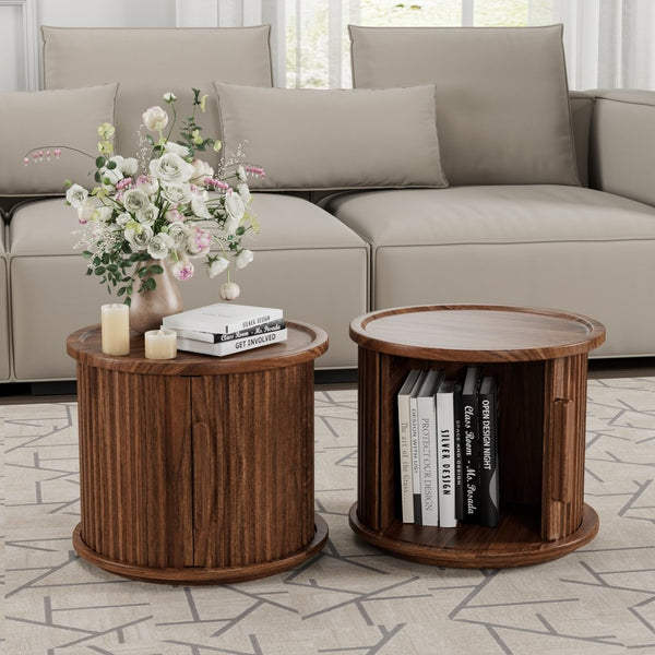 English Elm 2piece Round Nesting Tables Walnut Veneer Fluted Column Base with Sliding Cabinet Storage W578P505513