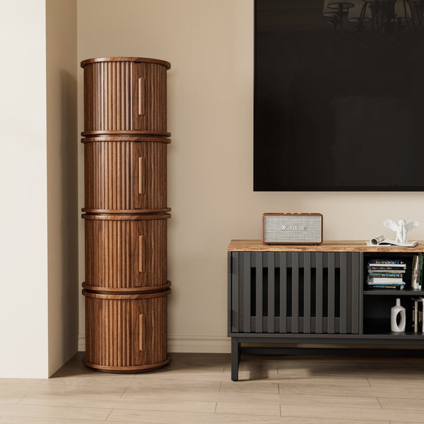 English Elm 2piece Round Nesting Tables Walnut Veneer Fluted Column Base with Sliding Cabinet Storage W578P505513
