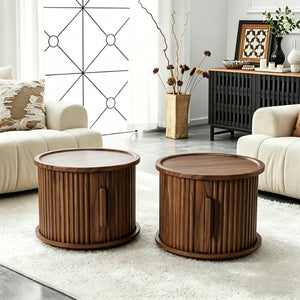 English Elm 2piece Round Nesting Tables Walnut Veneer Fluted Column Base with Sliding Cabinet Storage W578P505513