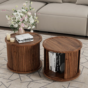 English Elm 2piece Round Nesting Tables Walnut Veneer Fluted Column Base with Sliding Cabinet Storage W578P505513