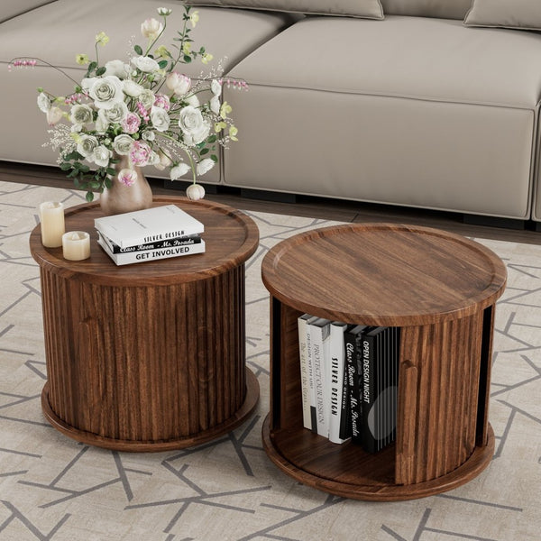 English Elm 2piece Round Nesting Tables Walnut Veneer Fluted Column Base with Sliding Cabinet Storage W578P505513