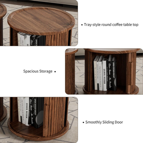 English Elm 2piece Round Nesting Tables Walnut Veneer Fluted Column Base with Sliding Cabinet Storage W578P505513