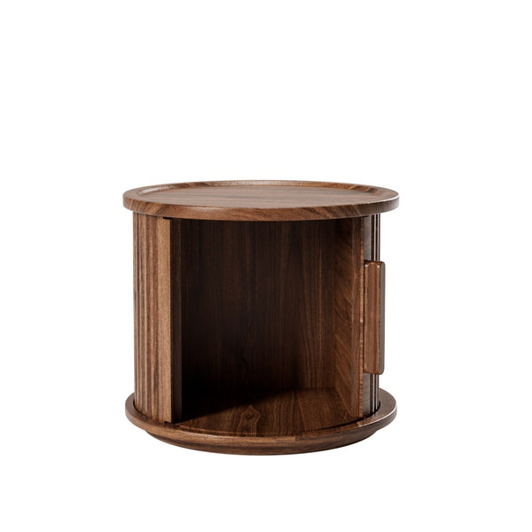English Elm 2piece Round Nesting Tables Walnut Veneer Fluted Column Base with Sliding Cabinet Storage W578P505513