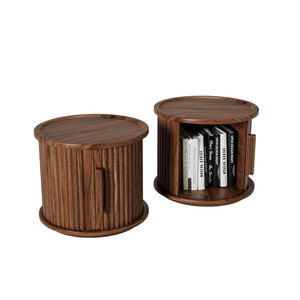 English Elm 2piece Round Nesting Tables Walnut Veneer Fluted Column Base with Sliding Cabinet Storage W578P505513