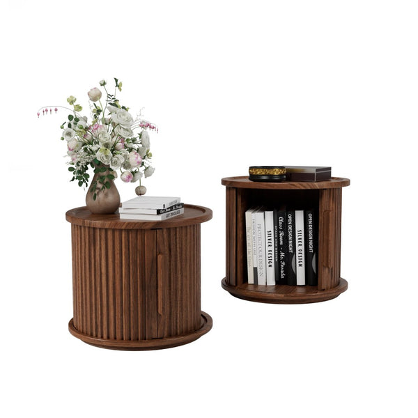English Elm 2piece Round Nesting Tables Walnut Veneer Fluted Column Base with Sliding Cabinet Storage W578P505513