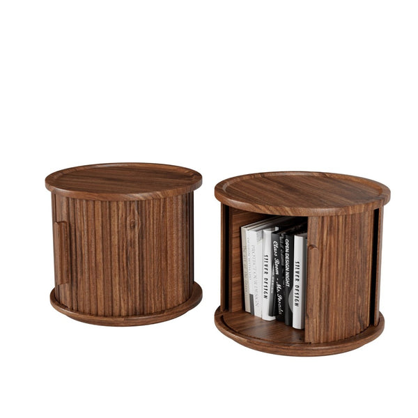 English Elm 2piece Round Nesting Tables Walnut Veneer Fluted Column Base with Sliding Cabinet Storage W578P505513