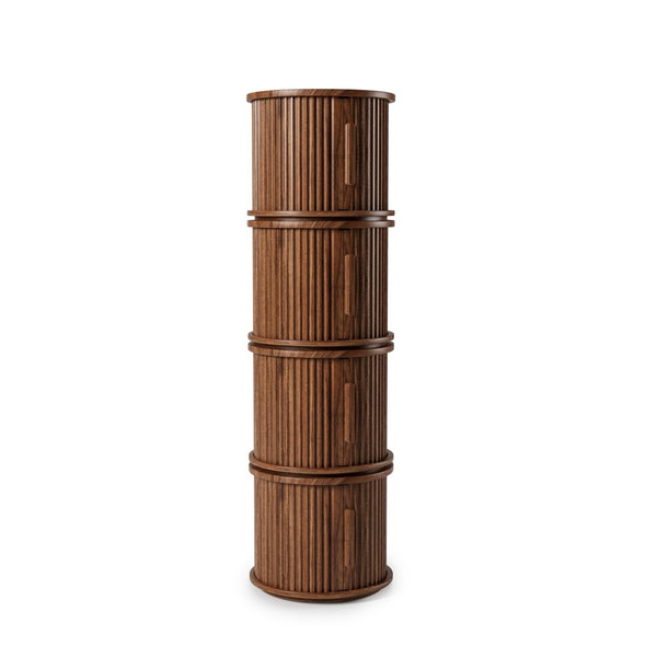 English Elm 2piece Round Nesting Tables Walnut Veneer Fluted Column Base with Sliding Cabinet Storage W578P505513