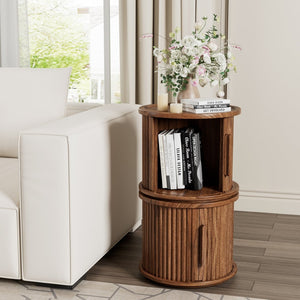 English Elm 2piece Round Nesting Tables Walnut Veneer Fluted Column Base with Sliding Cabinet Storage W578P505513