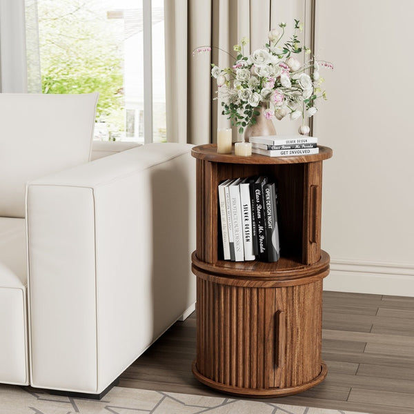 English Elm 2piece Round Nesting Tables Walnut Veneer Fluted Column Base with Sliding Cabinet Storage W578P505513